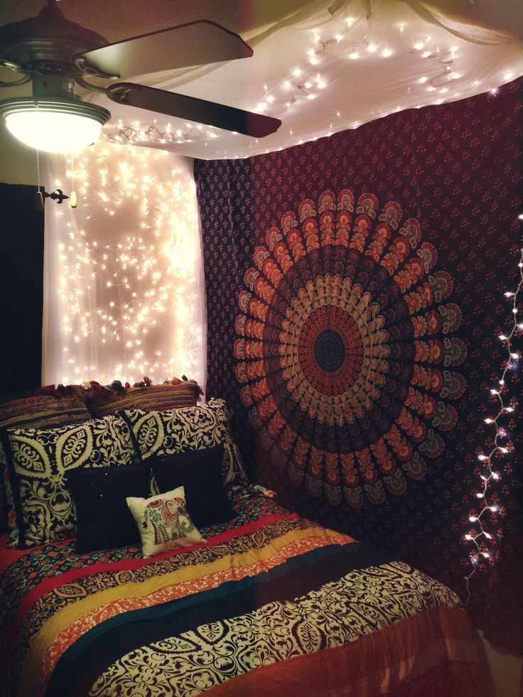 Bedroom with discount tapestry and lights